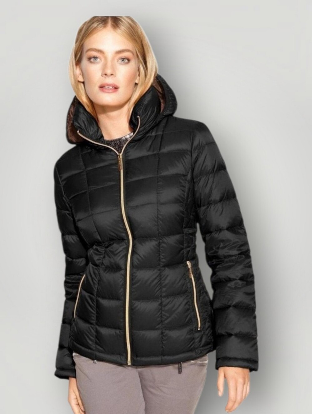 Michael Kors Women's Packable Down Puffer Jacket Small Black Hooded Gold Zip